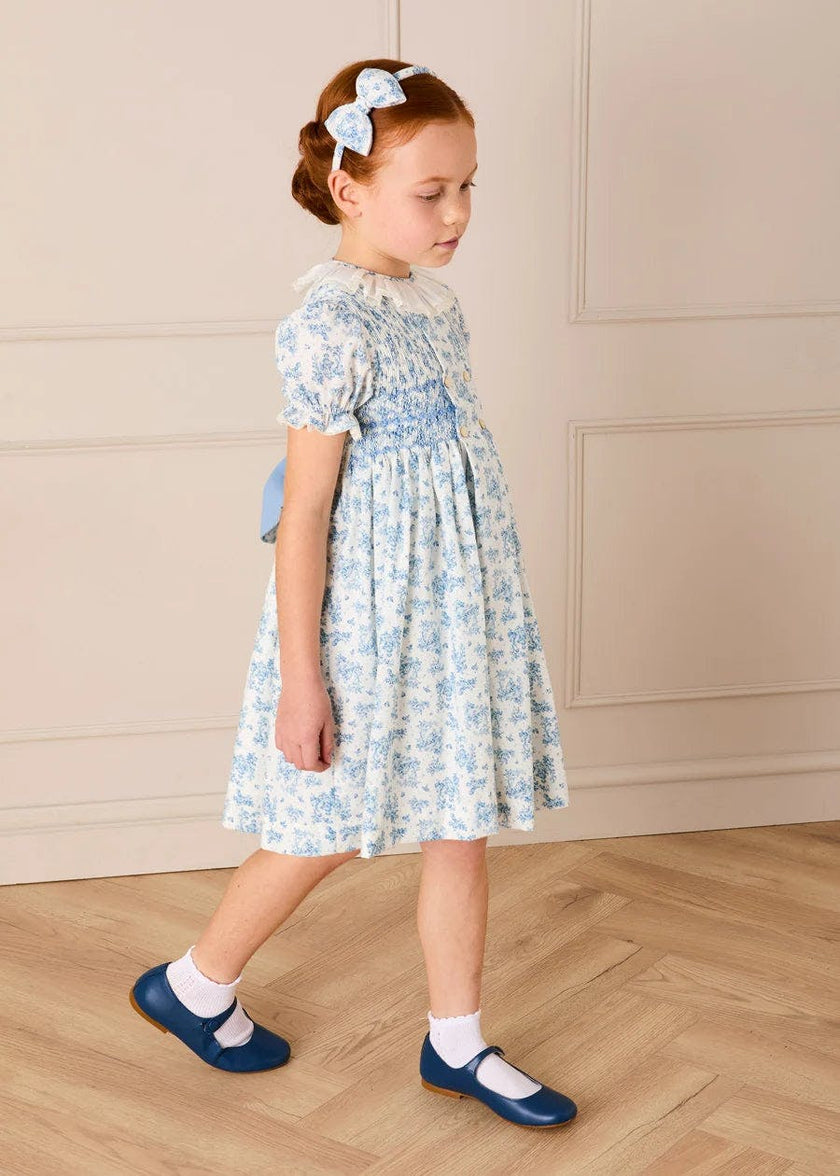 Audrey Toile Hand Smocked Ruffle Collar Short Sleeve Dress in Blue (12mths- 10yrs)