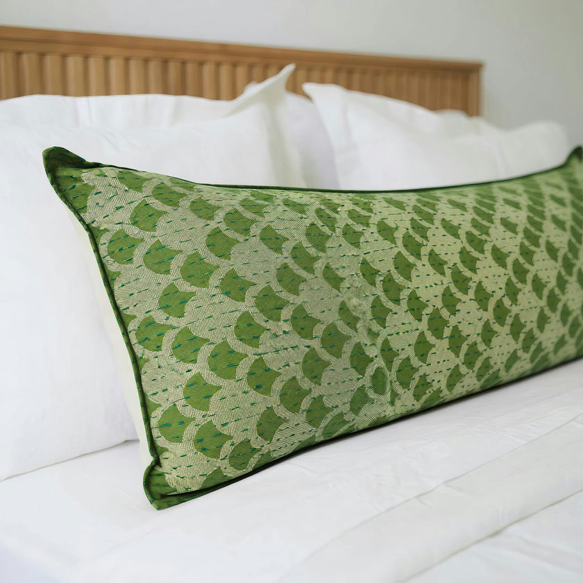 Artisan Hand Loomed Cotton Lumbar Pillow - Green Ginkgo - 16"x48"