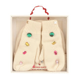 Packed Party White Gem Rhinestone Knit Beanie and Mittens Set - Double-Layer Rib Knit with Iridescent Gems and Rhinestone Mittens, One Size Fits All