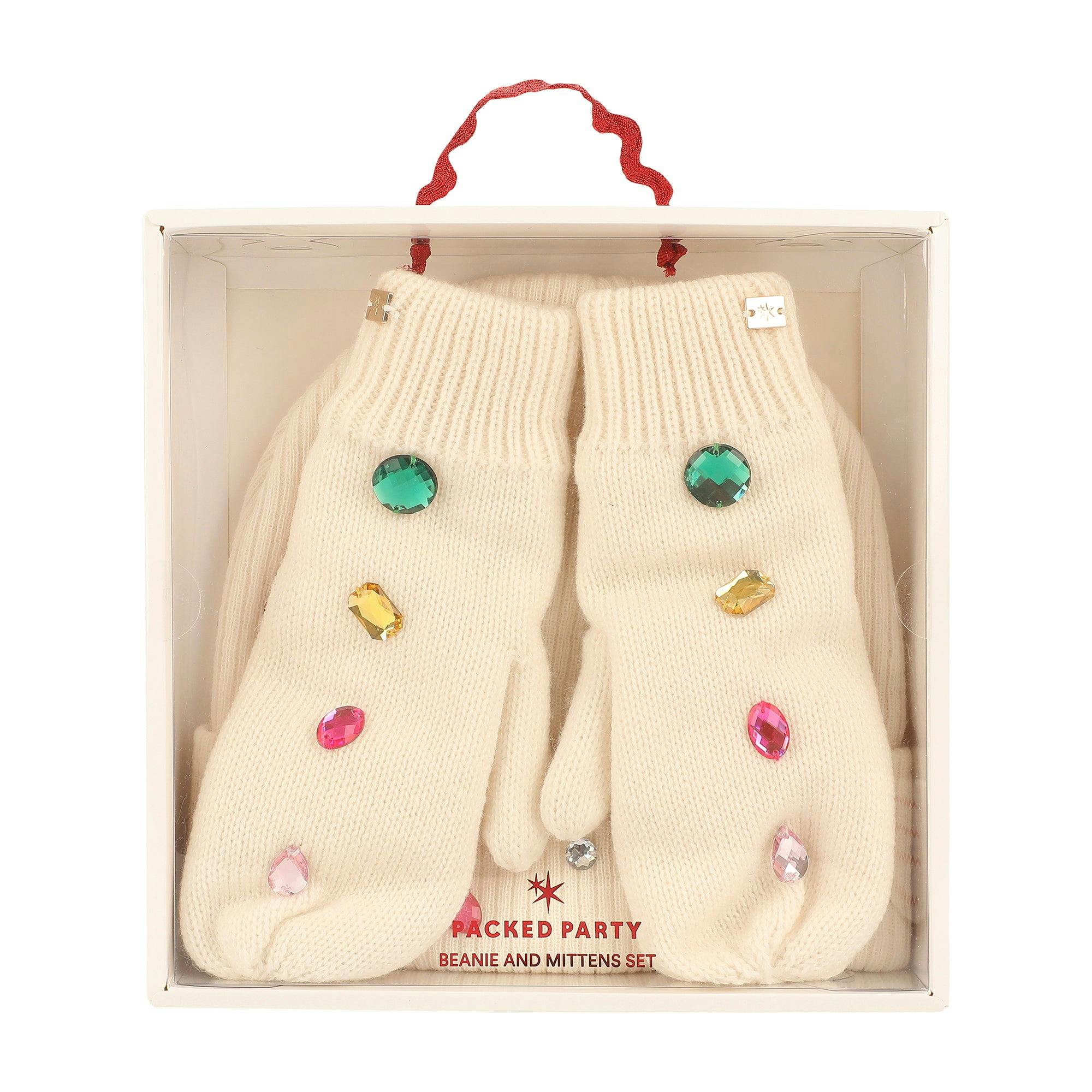 Packed Party White Gem Rhinestone Knit Beanie and Mittens Set - Double-Layer Rib Knit with Iridescent Gems and Rhinestone Mittens, One Size Fits All