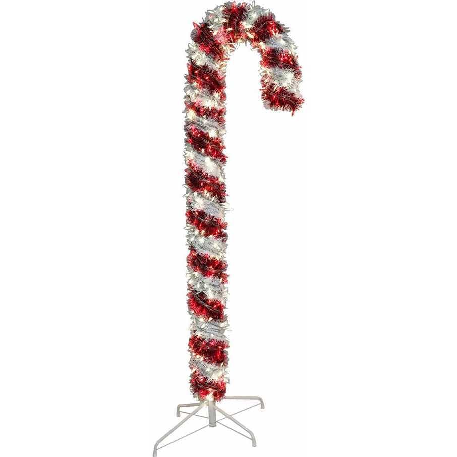 6-Foot Pre-Lit Red and White LED Tinsel Candy Cane