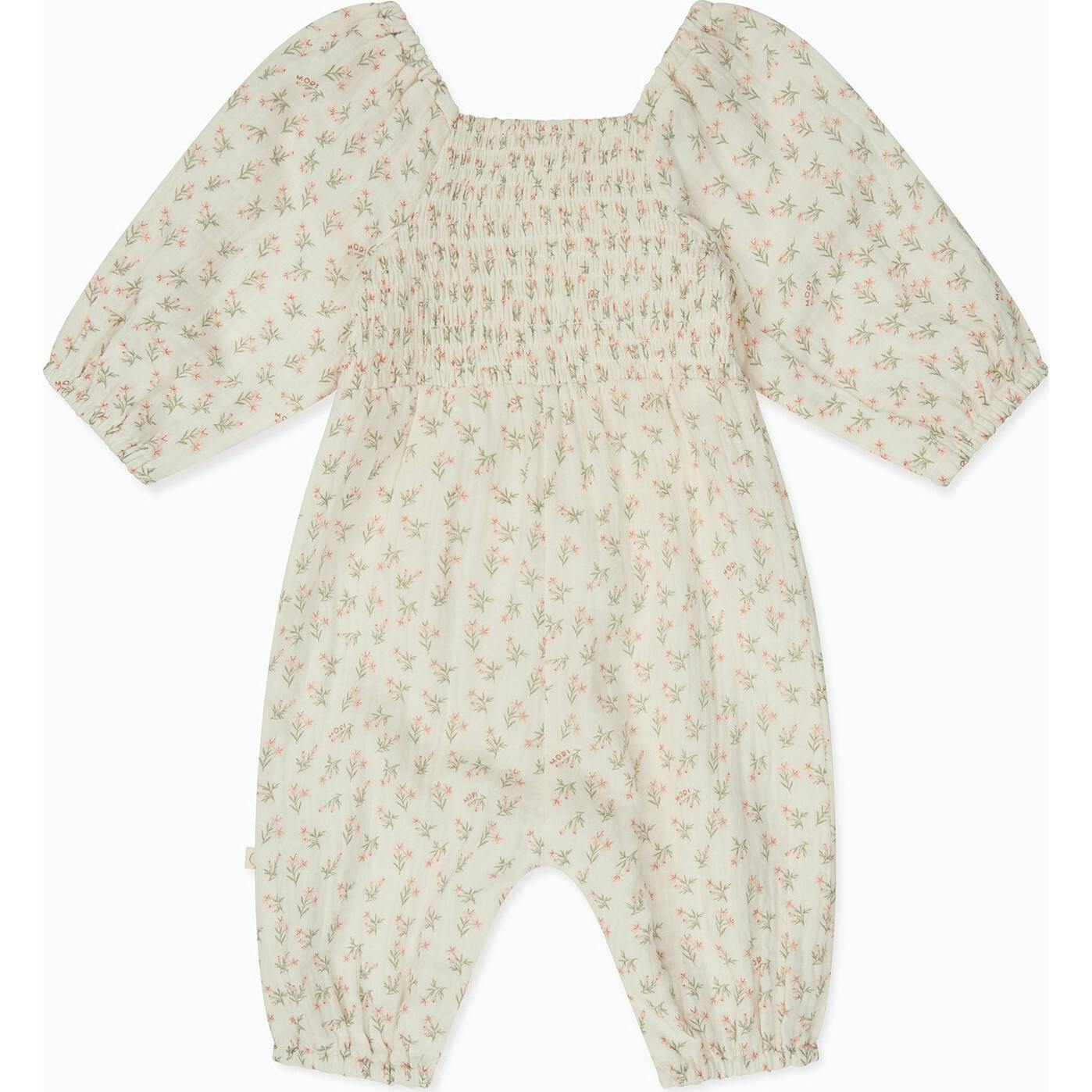 Floral Muslin Smocked Jumpsuit, Cream