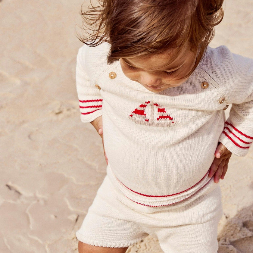 Red Stripe Ancla Cotton Baby Knitted Set