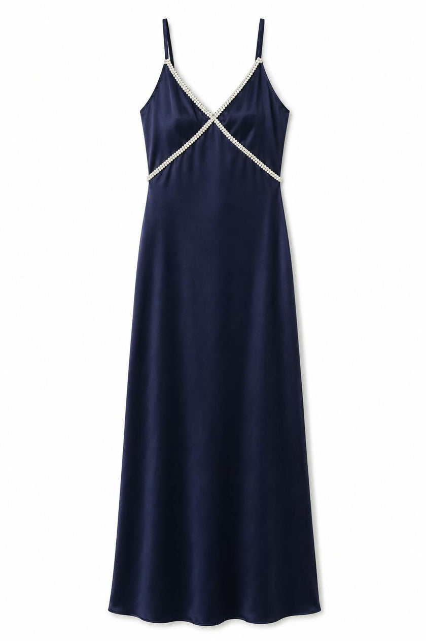 Miller Navy Satin Maxi Dress With Lace Trim