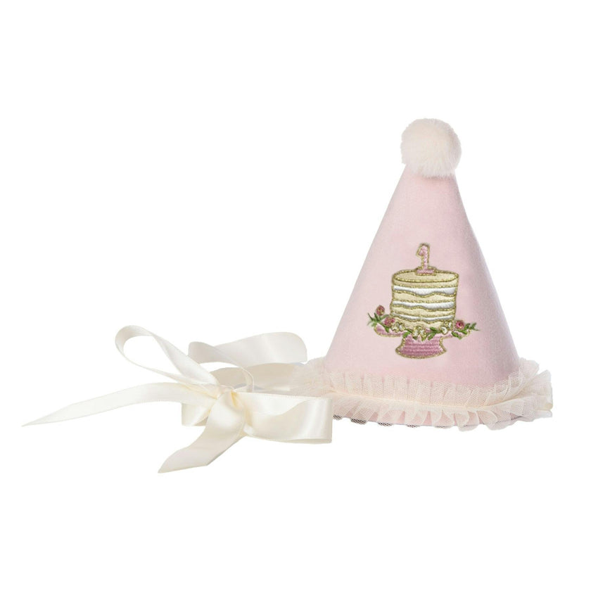 ONE Party Hat with Birthday Cake Embroidery - Pink