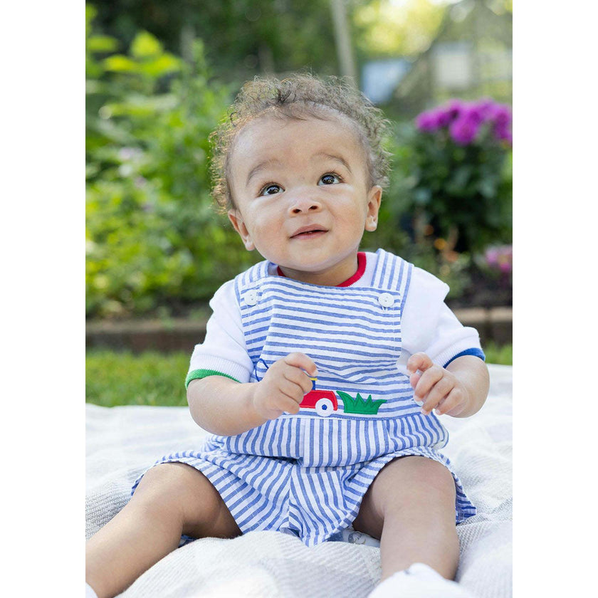 Stripe Seersucker Shortall With Lawn Mower