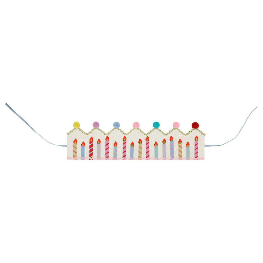 Packed Party Birthday Wishes Reusable Glitter Pom Pom Crown - Metallic Fabric Birthday Candle Crown with Multicolor Poms and Adjustable Satin Ties