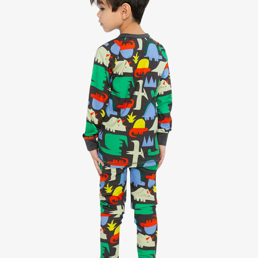 Organic Cotton Two Piece Pajama Set Black Dinosaur Print
