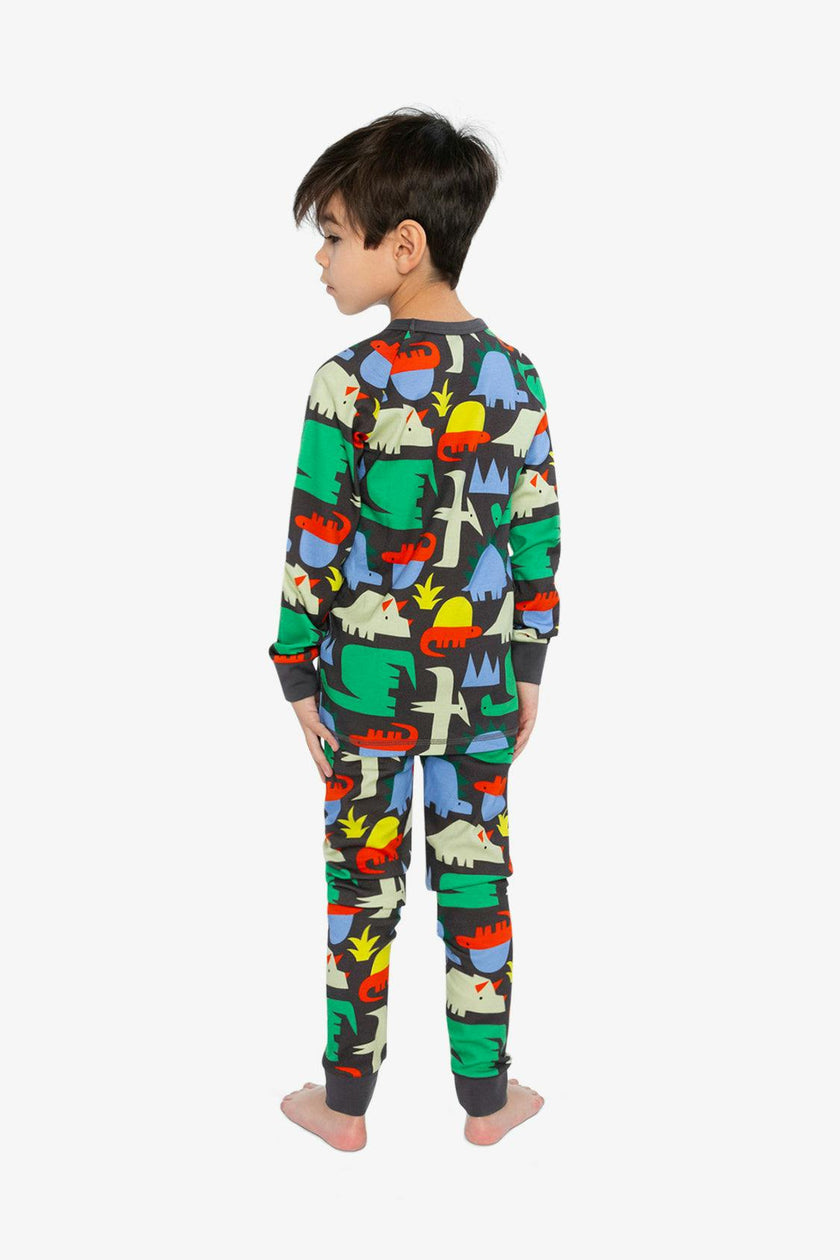 Organic Cotton Two Piece Pajama Set Black Dinosaur Print