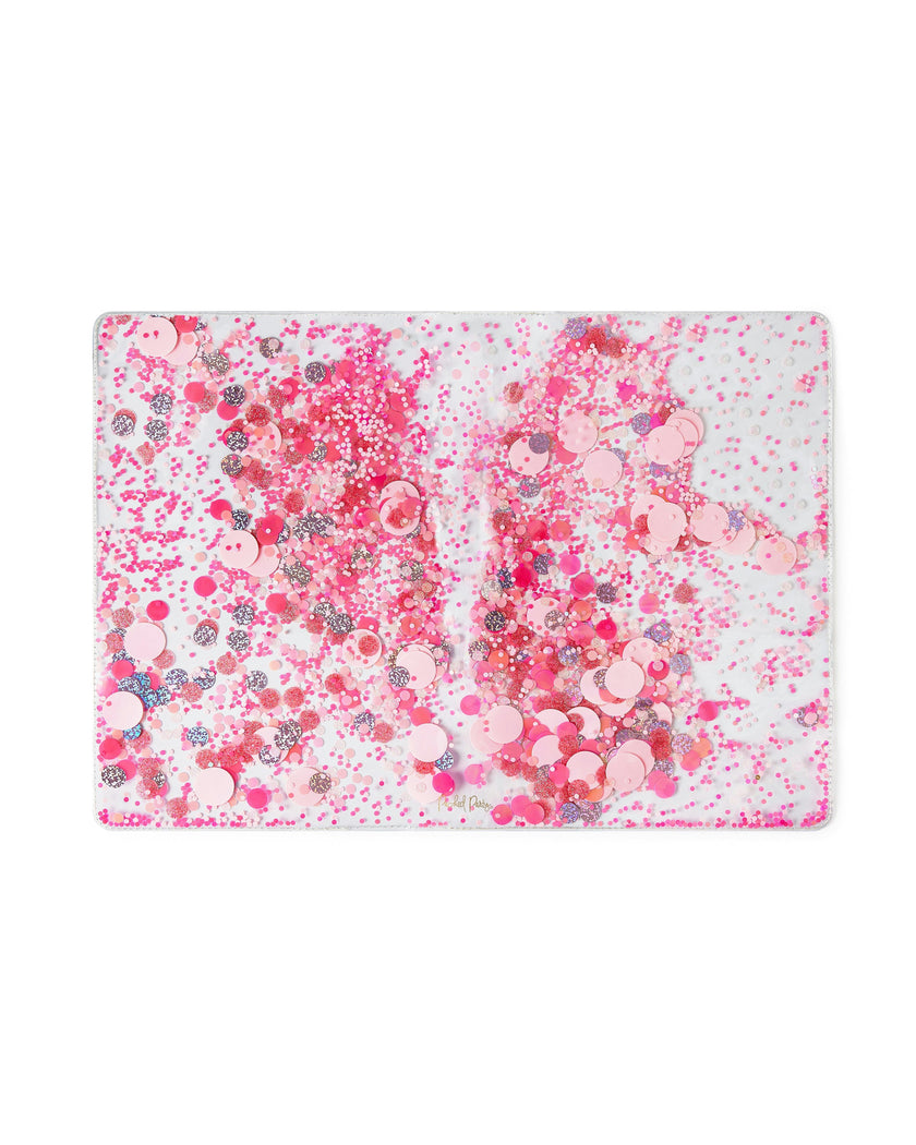Packed Party Work Party Confetti Multi-Use Desk Mat - 13x18 Inch Clear Vinyl Pink Confetti Desk Mat with Gold Foil Detail for Desks and Keyboards