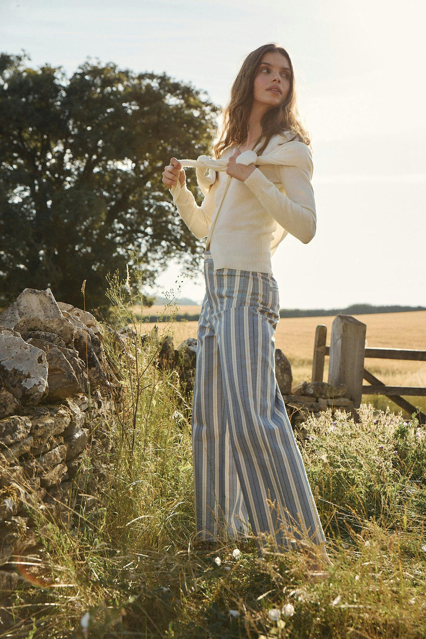 The Mindy Pant -  Coln Ticking Stripe Dusty Blue