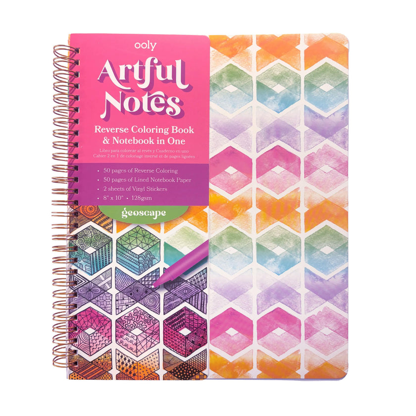 Artful Notes Reverse Coloring Notebook - Geoscape - 100 Pages 2 Sticker Sheets