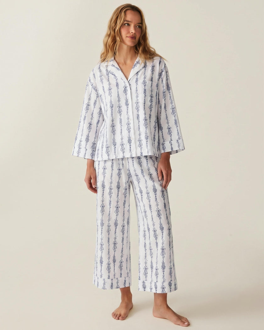The Olivia Wide Leg Pima Pajama Set in Navy Mayfair Toile