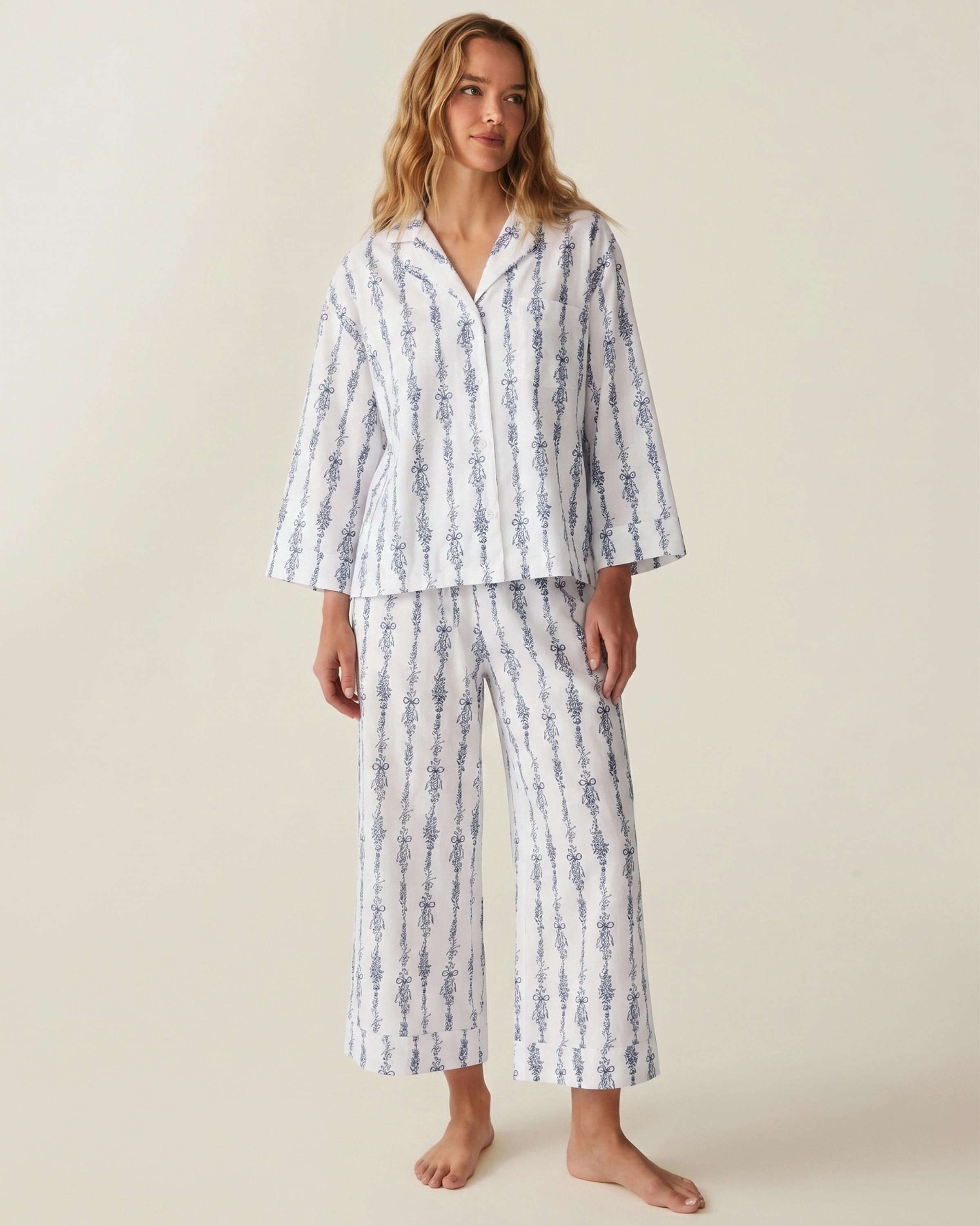 The Olivia Wide Leg Pima Pajama Set in Navy Mayfair Toile