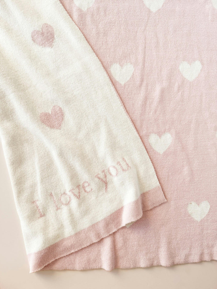 Heart I Love You Blanket, Hat, and Bunny Rattle Gift Set