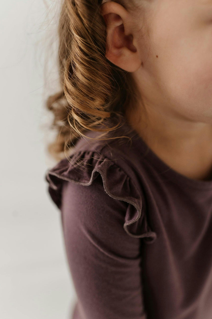 Girls Long Sleeve Ruffle Top in Big Sis in Plum