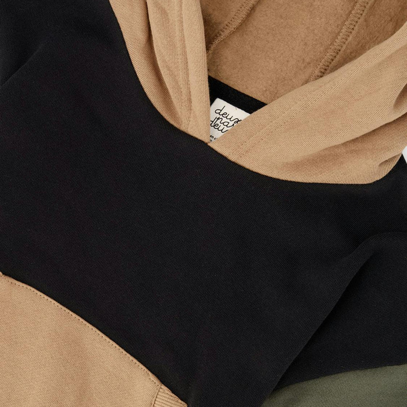 Hooded Colorblock Fleece Cardigan Black, Green and Beige