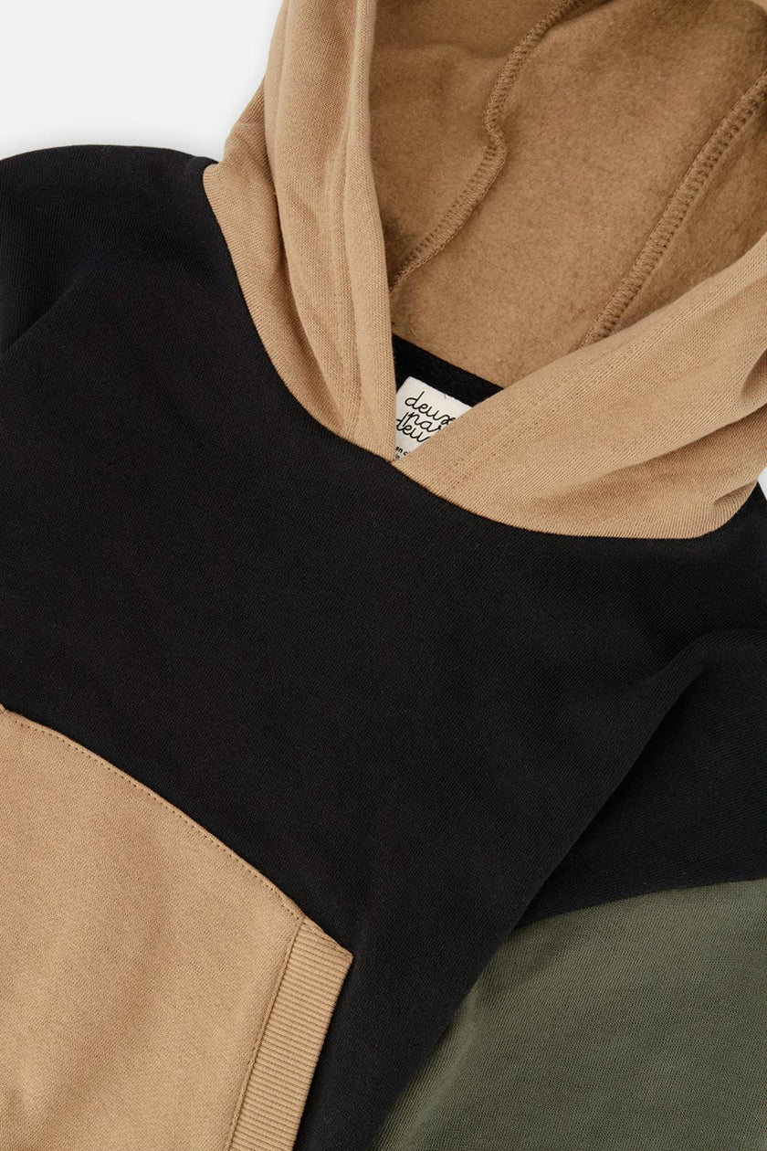 Hooded Colorblock Fleece Cardigan Black, Green and Beige
