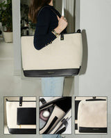 Vegan Leather Work Tote Bag with Removable Insulated Pouch, Black Canvas
