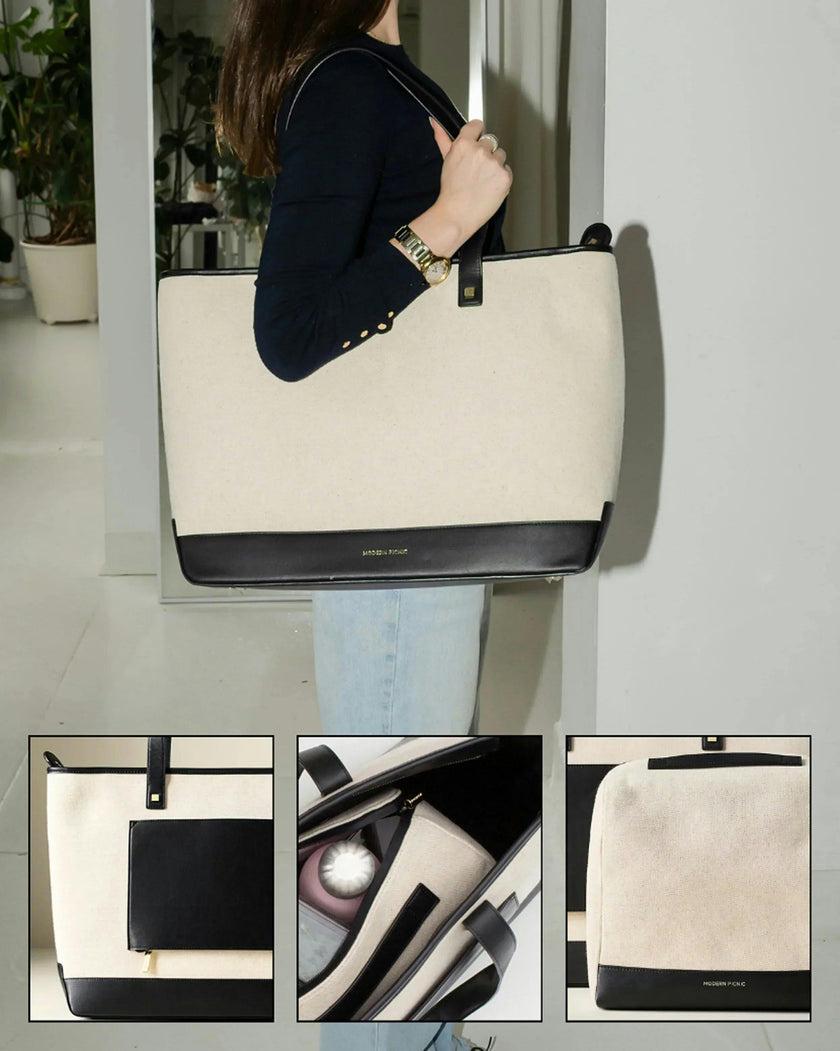 Vegan Leather Work Tote Bag with Removable Insulated Pouch, Black Canvas