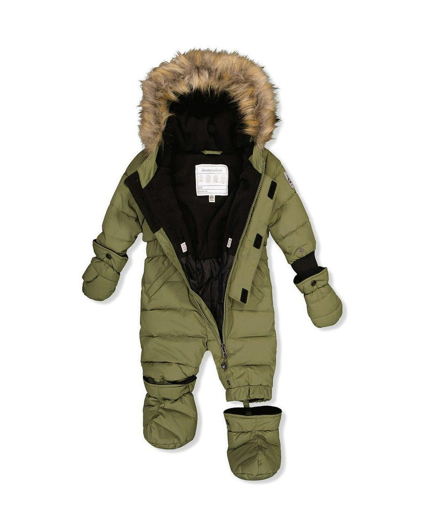 Baby Original One Piece Puffy Snowsuit With Removable Mittens And Boots Olive Green