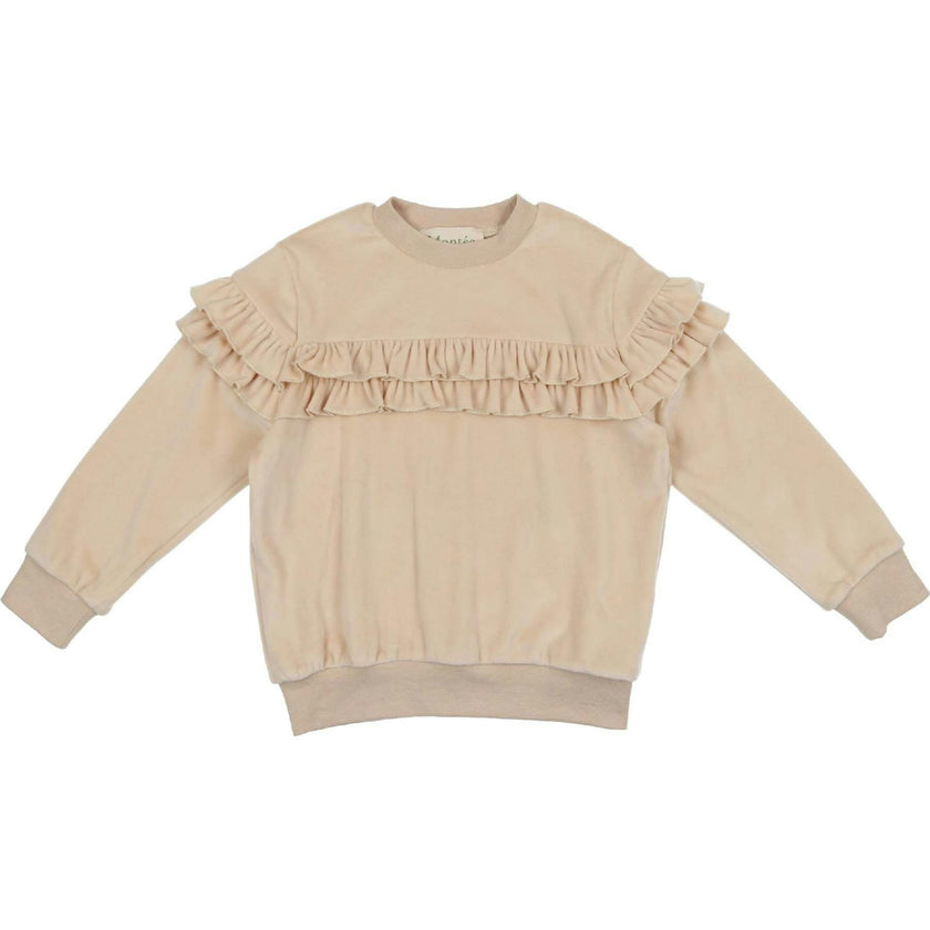 Velour Crew Neck Ruffle Chest Long Sleeve Sweatshirt