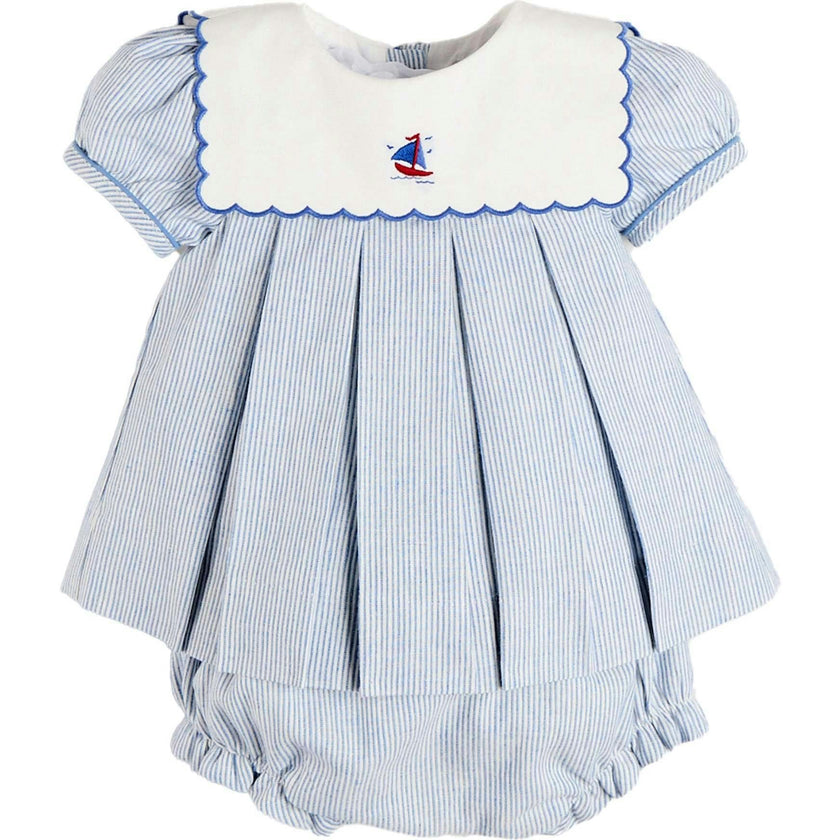 Alexander Stripe Mariner Collar Embroidered Boat Detail Dress with Bloomers in Blue (6mths-3yrs)