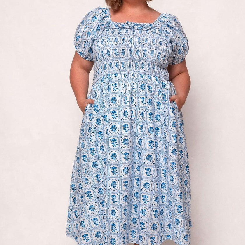 Mae Dress in Blue Floral Stamp