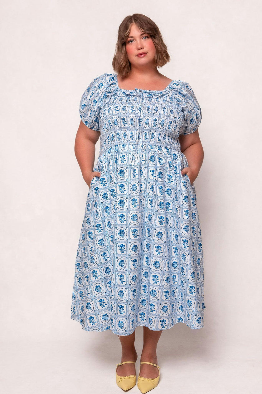 Mae Dress in Blue Floral Stamp