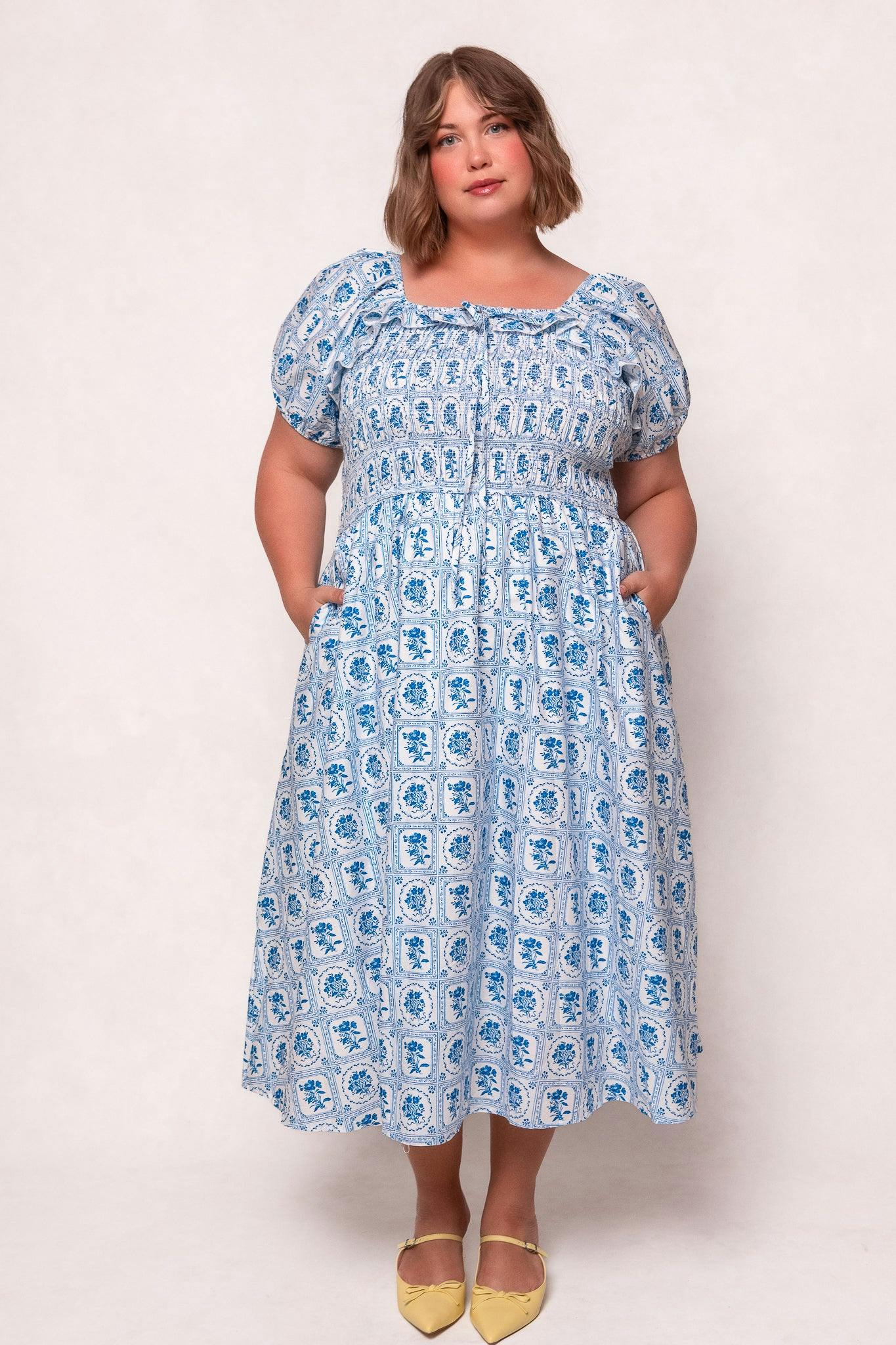 Mae Dress in Blue Floral Stamp