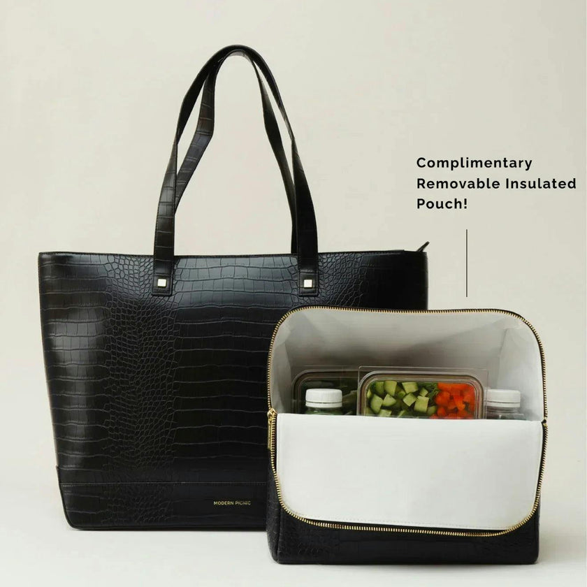Vegan Leather Work Tote Bag with Removable Insulated Pouch, Black Croc