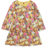 Crew Neck Long Sleeve Gathered Skirt Dress, Yellow