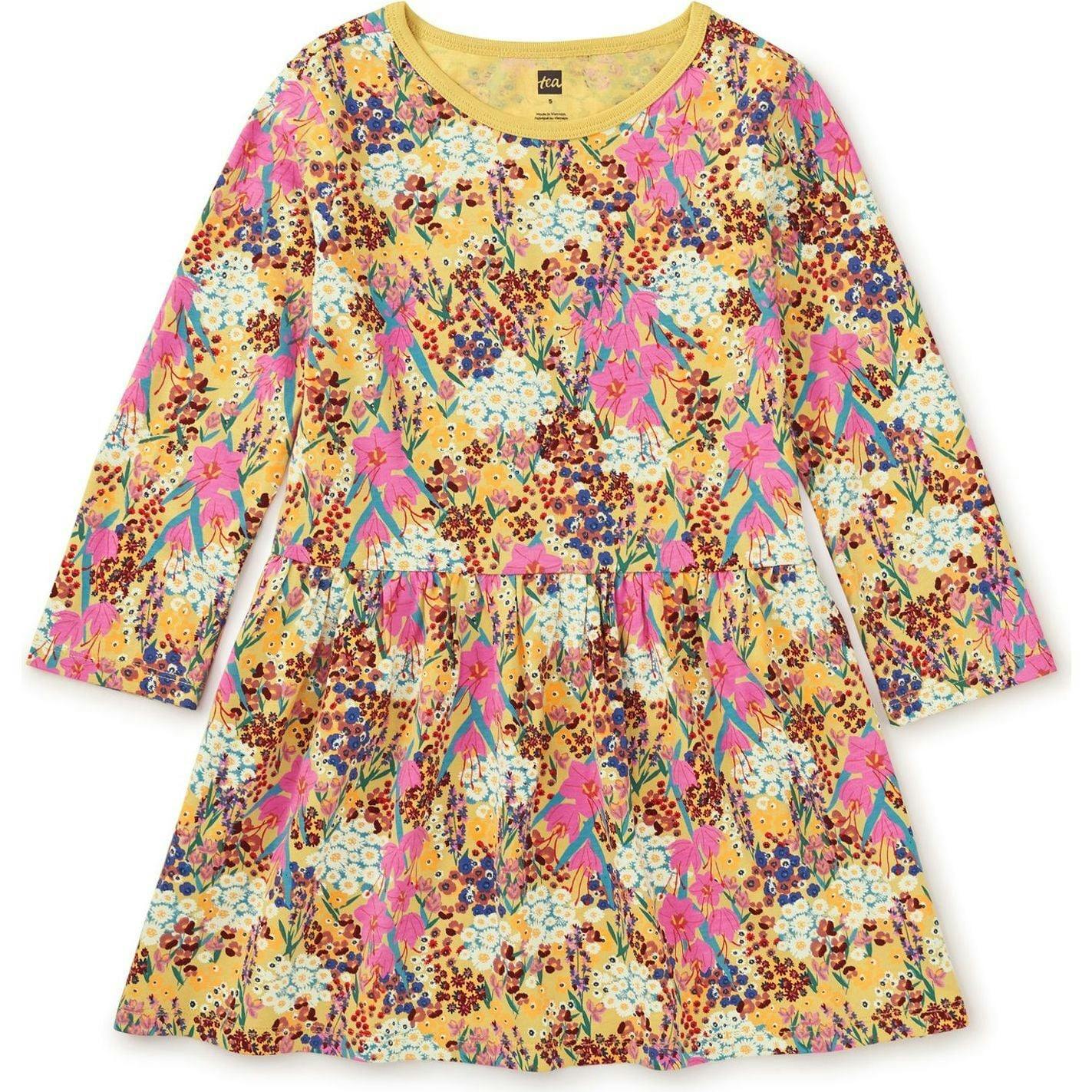 Crew Neck Long Sleeve Gathered Skirt Dress, Yellow