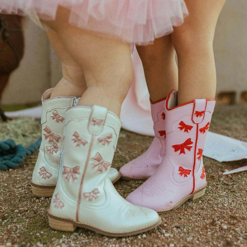 Cowgirl White + Pink Bow Boots, White