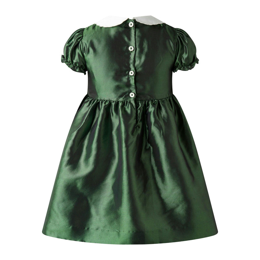 Green Taffeta Rosebud Smocked Dress