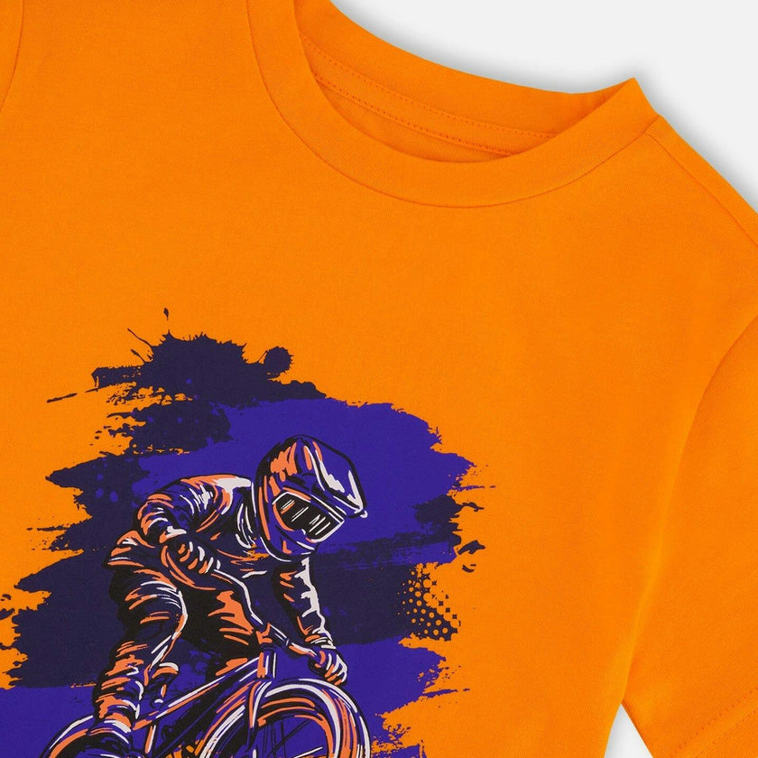 Organic Cotton Jersey T-Shirt With Bmx Print Orange