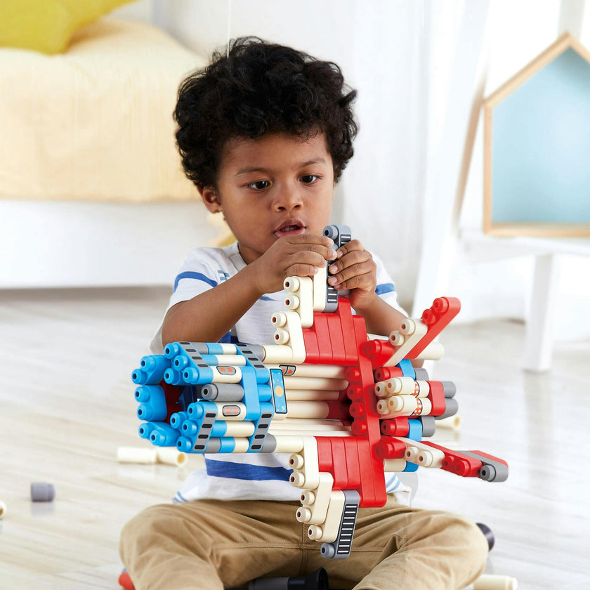 Hape: PolyM: Adventure Rocket&nbsp;- Red-Blue-White - 138pc Building Block Toy Set