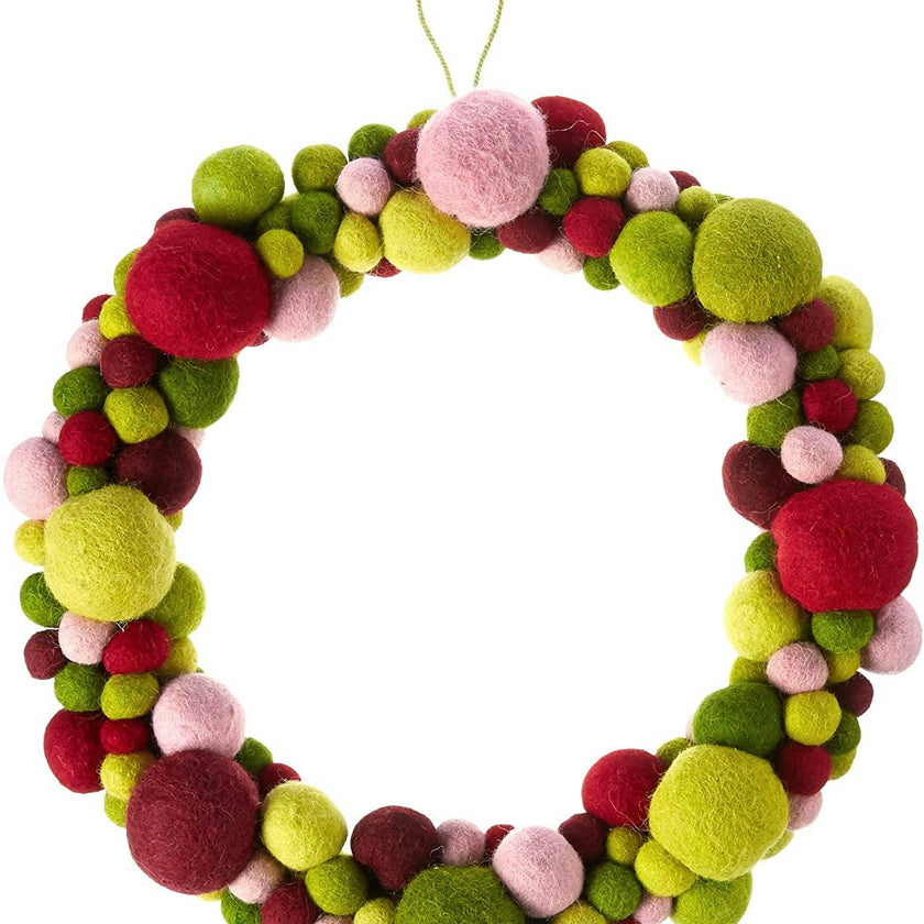 Handmade Hand Felted Wool Wreath - Multicolor Ball - 14" Arcadia Home