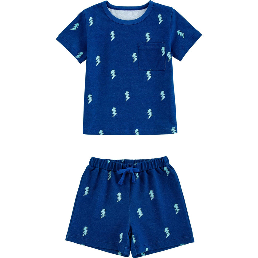 Lightweight French Terry Tee & Shorts Lounge Set, Blue Lightning
