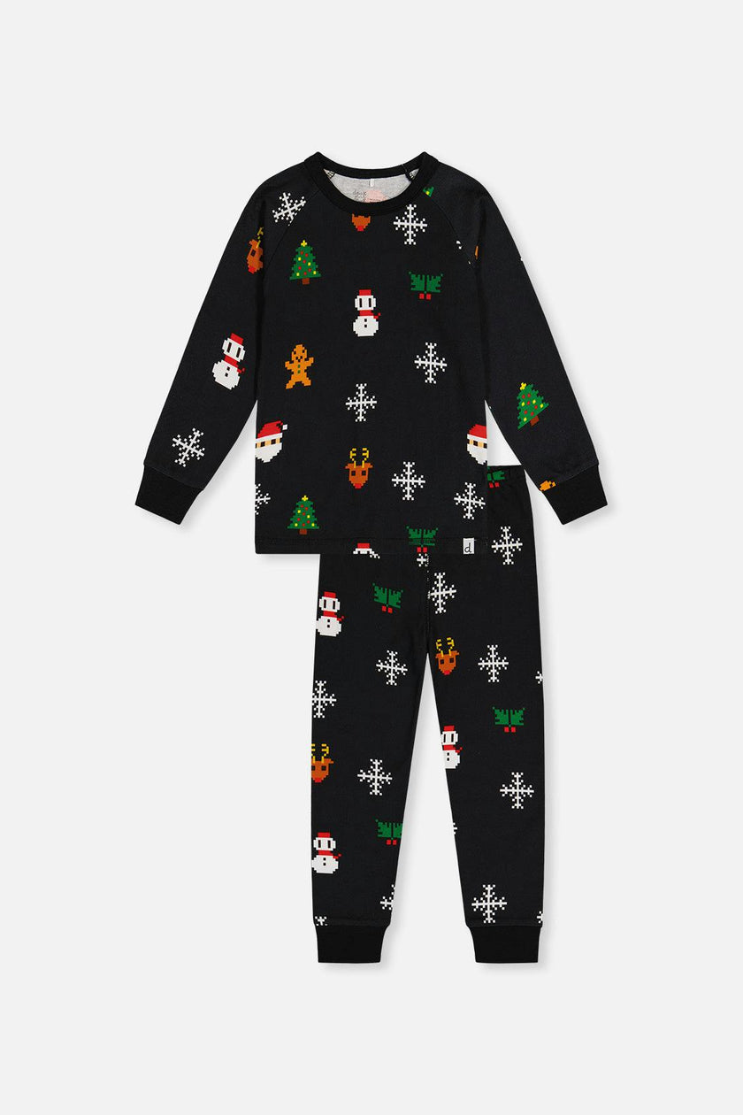 Organic Cotton Two Piece Pajama Set Black Christmas Pixel Print