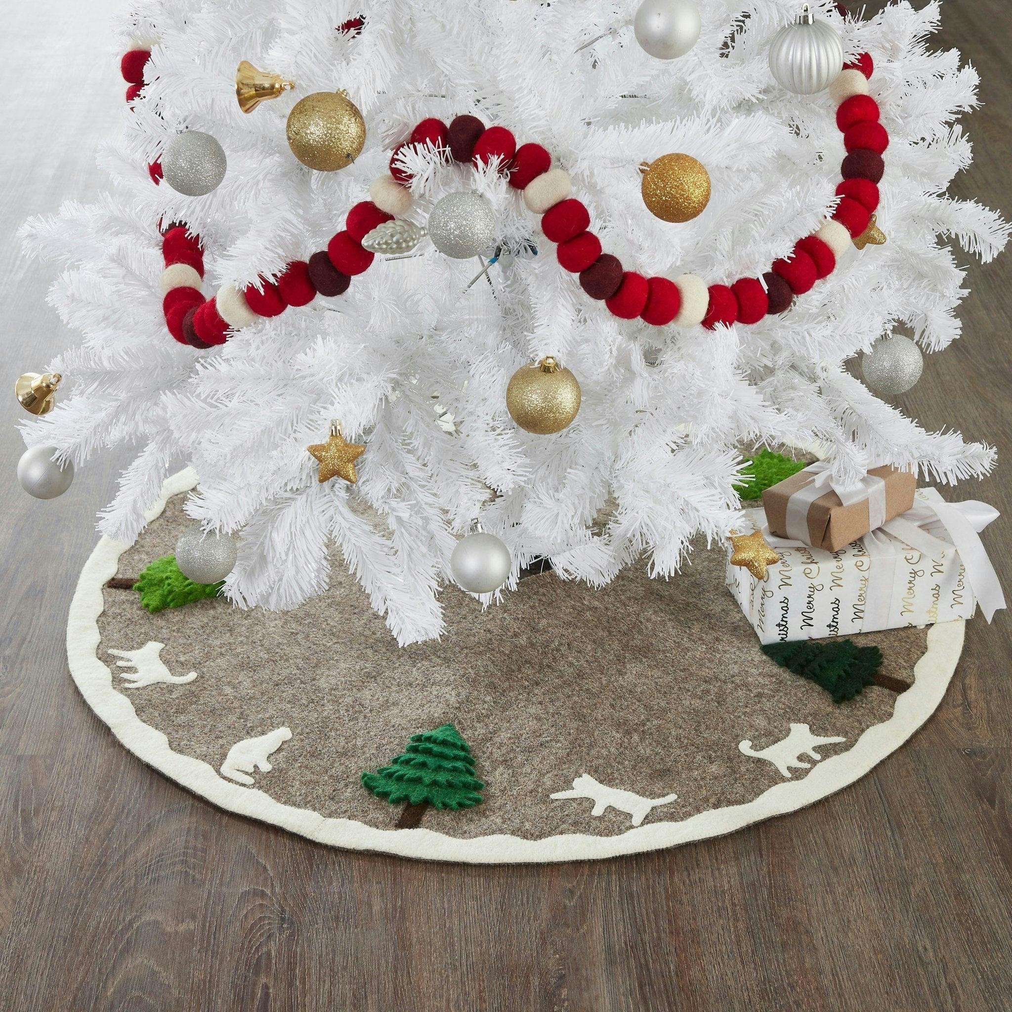 Handmade Felted Cats and Green Trees Grey Christmas Tree Skirt 36