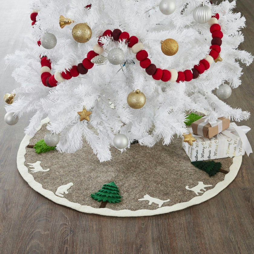 Handmade Felted Cats and Green Trees Grey Christmas Tree Skirt 36",