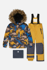 Two Piece Play Snowsuit Grey and Blue Dinosaur Print with Yellow Pants