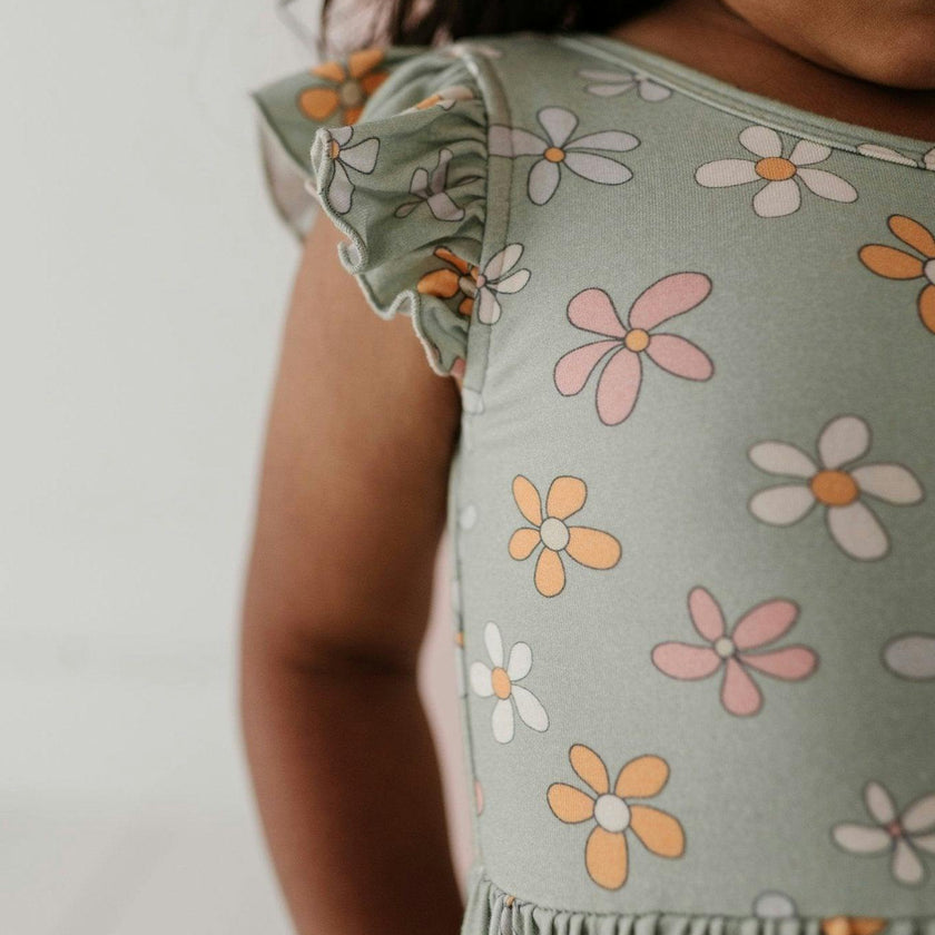Girls Sleeveless Twirl Dress in Sketched Daisy