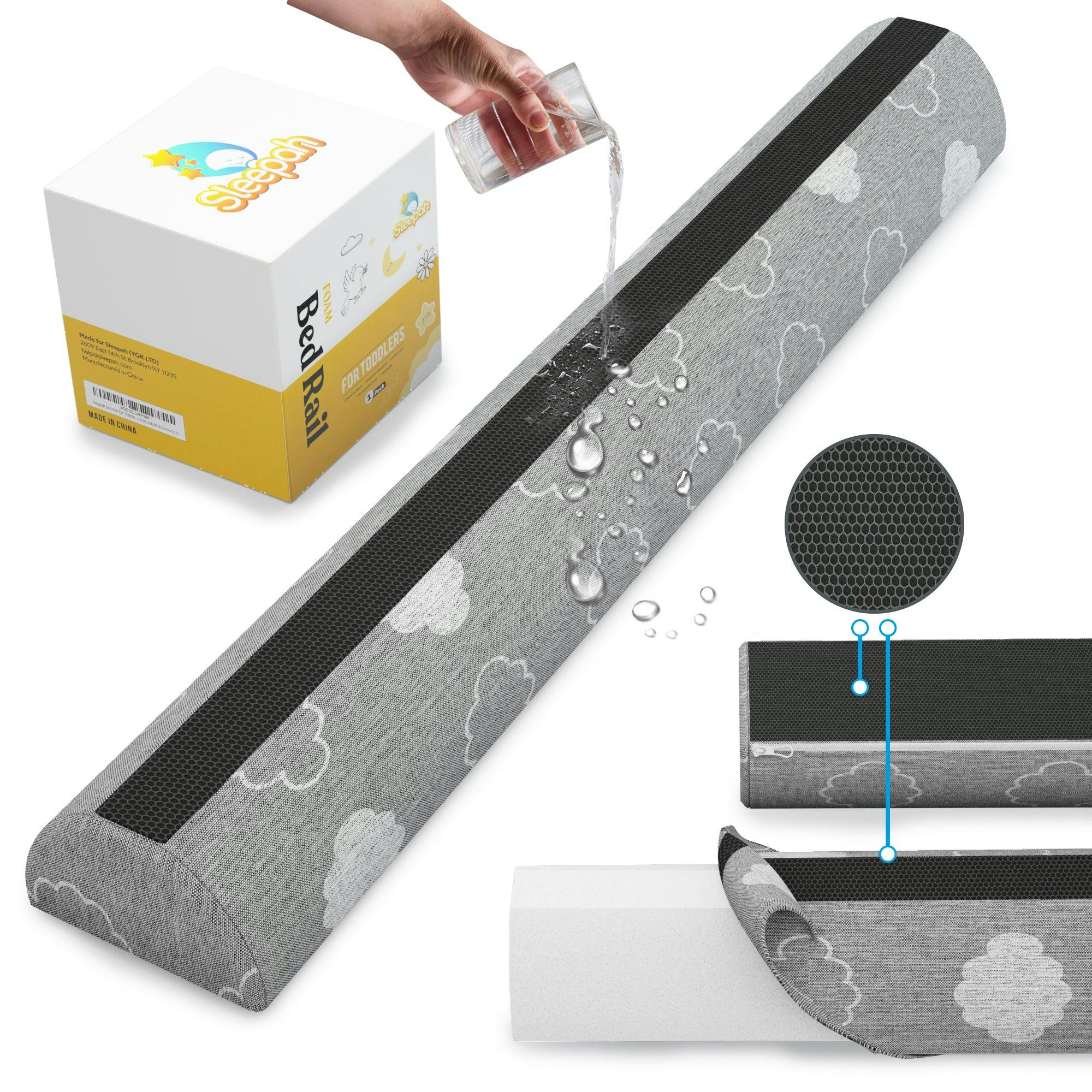 Sleepah Bed Rail for Toddlers Memory Foam Bed Bumper Guard w Dual Non-Slip Pads (Top & Bottom) Bed Rail is Waterproof Washable Soft Removable Cover (1 Pack)