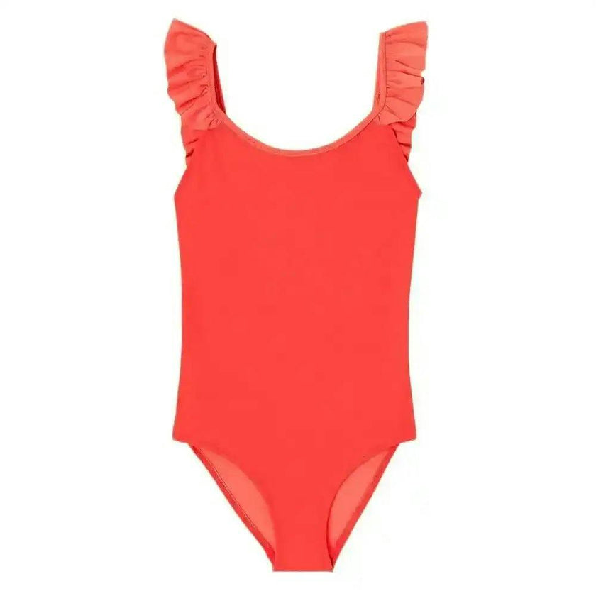 Girls' one-piece swimsuit with ruffles, UPF50+, coral | BORA BORA 1P
