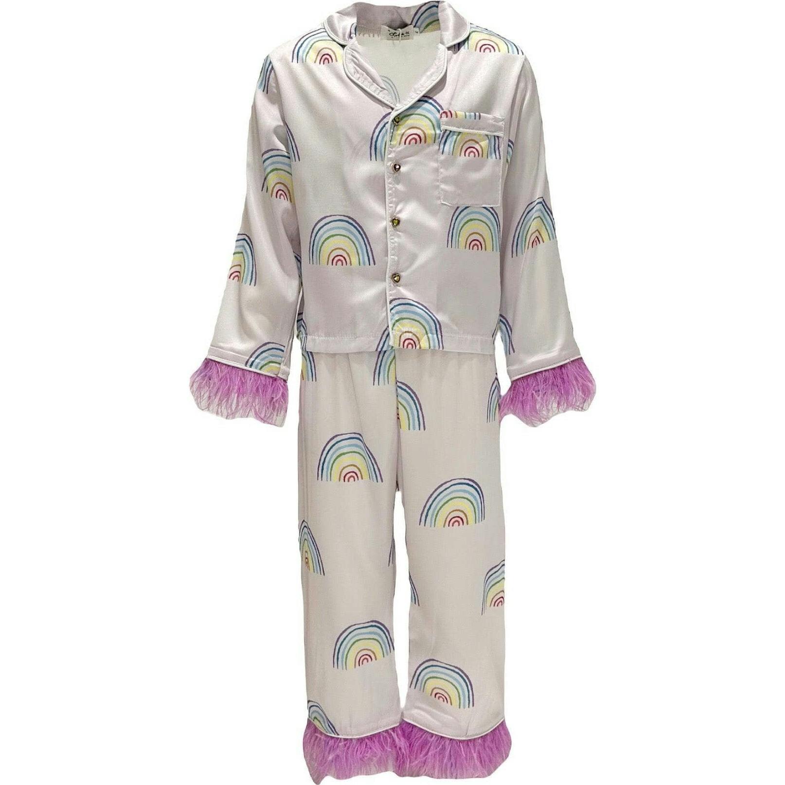 Rainbow Feather Trims Silk Pajama Set