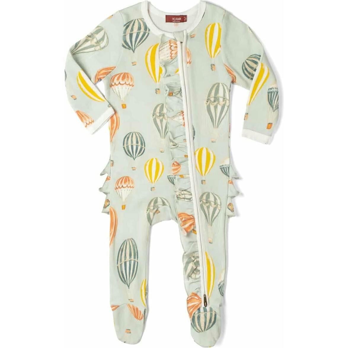 Vintage Balloons Organic Cotton Ruffle Zipper Footed Romper
