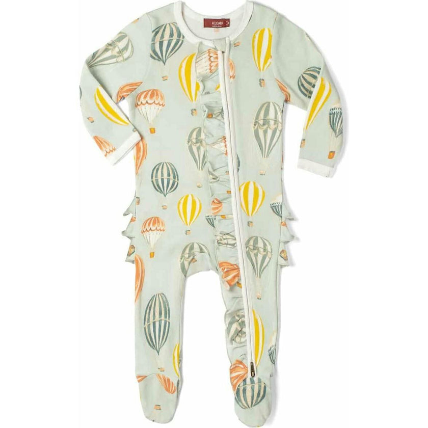Vintage Balloons Organic Cotton Ruffle Zipper Footed Romper