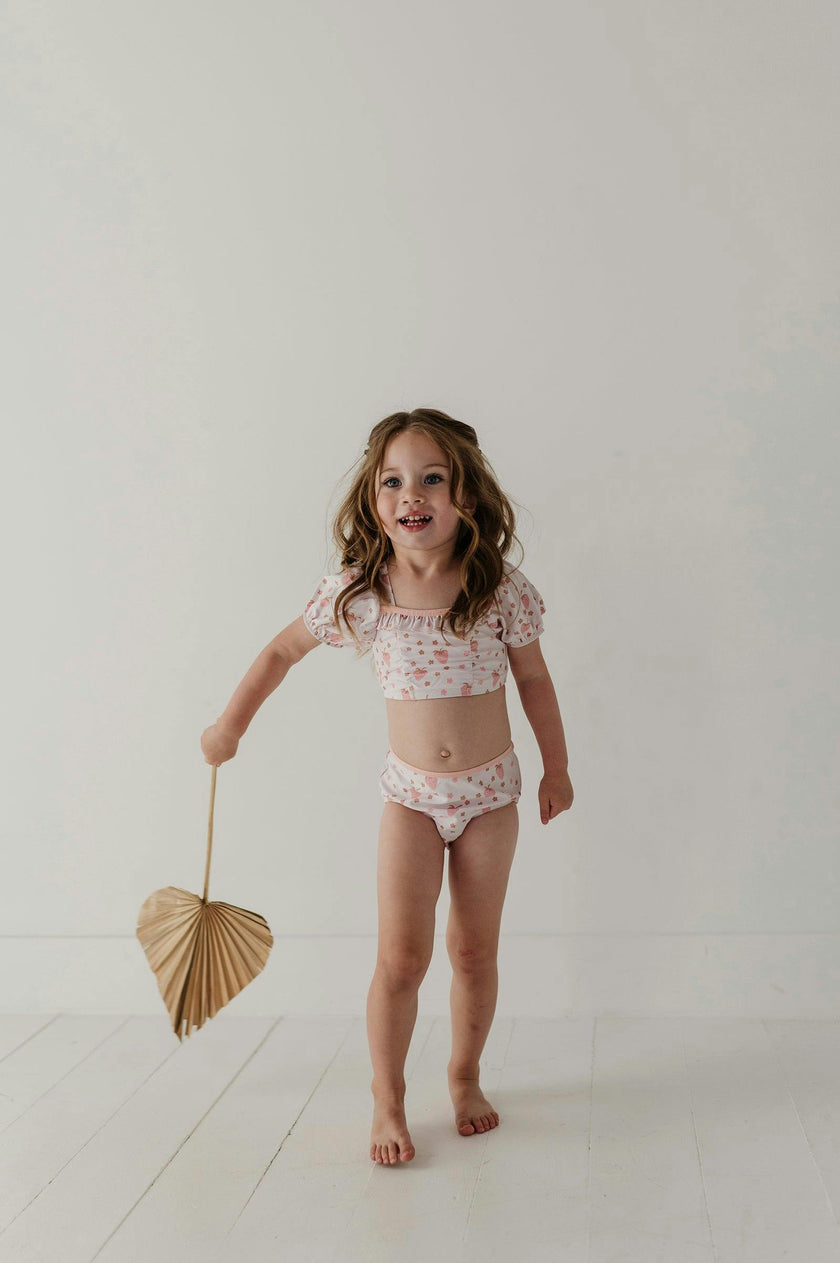 Girls Puff Sleeve Two-Piece Swimsuit in Strawberries